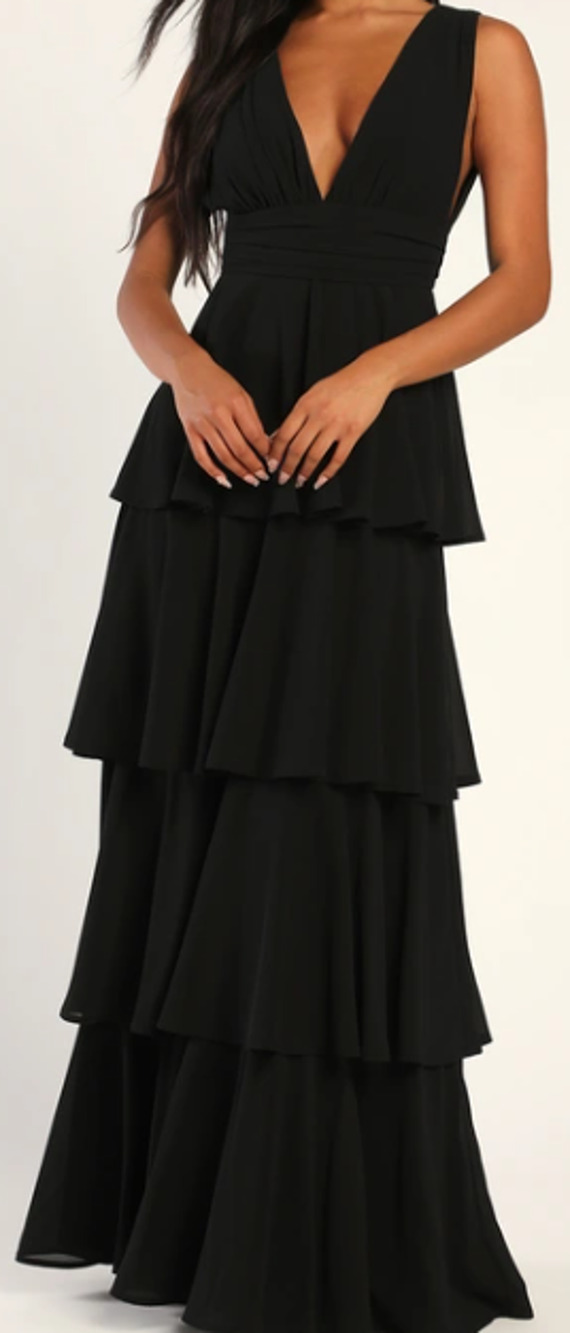 LULU'S SZ S Amazing Evening Black Vneck Chiffon Tiered Maxi Dress NEW 0b10